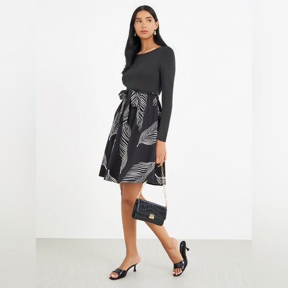 Black Palm Leaf Midi Dress A-Line Classy Elegant Workwear Career Office Brunch S - Picture 1 of 9